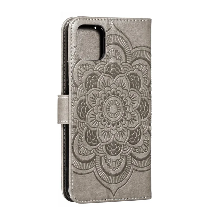 Guscio Del Portafoglio Di Cuoio Del Modello Del Modello Del Modello Di Mandala Del Sole Dell'improntato Per IPhone 11 Pro Max 6,5 Pollici (2019) - Grigio