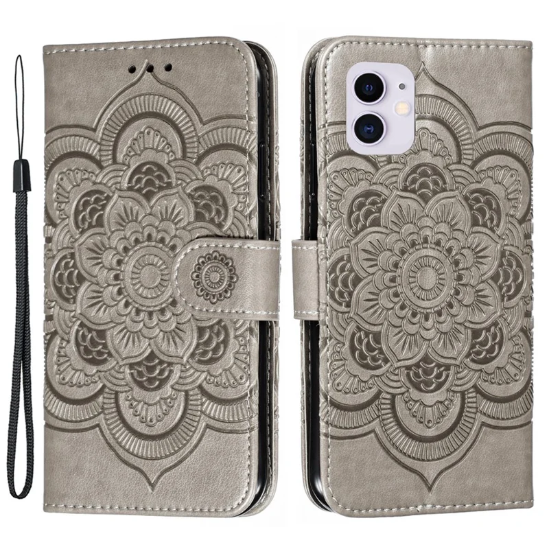 Imprinted Sun Mandala Flower Pattern Leather Wallet Casing for iPhone 11 6.1 inch (2019) - Grey