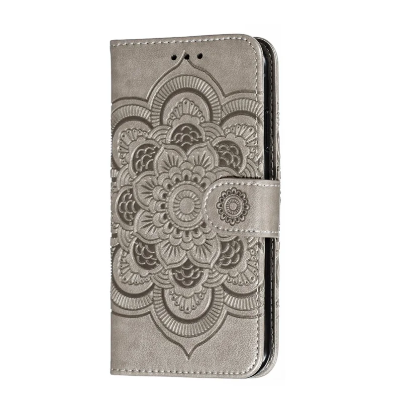 Imprinted Sun Mandala Flower Pattern Leather Wallet Casing for iPhone 11 6.1 inch (2019) - Grey
