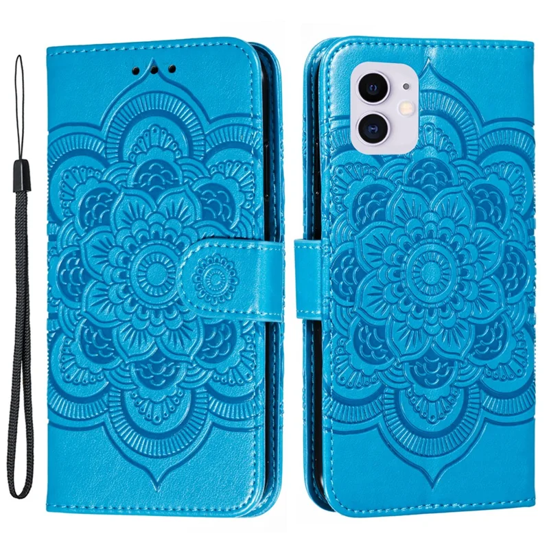 Skórzana obudowa portfelowa z nadrukiem wzoru kwiatu Mandala Słońce dla iPhone'a 11 6,1 cala (2019) - Niebieski