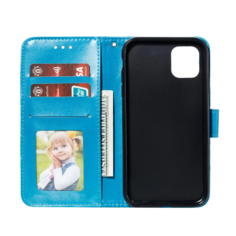 Skórzana obudowa portfelowa z nadrukiem wzoru kwiatu Mandala Słońce dla iPhone'a 11 6,1 cala (2019) - Niebieski