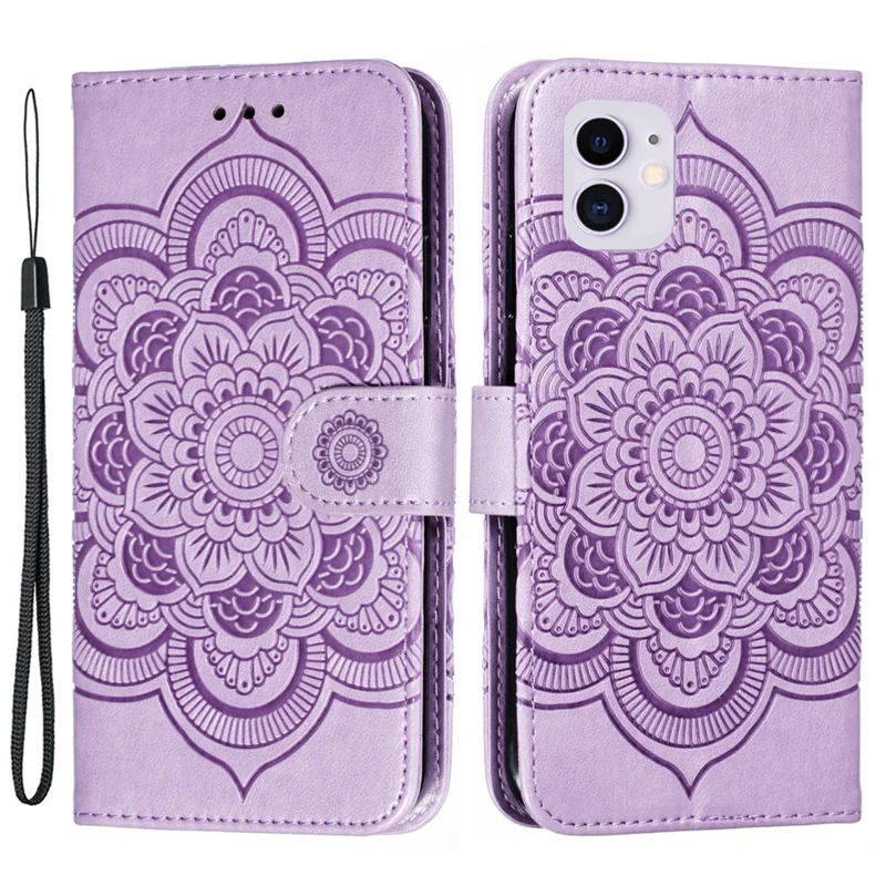 Imprinted Sun Mandala Flower Pattern Leather Wallet Casing for iPhone 11 6.1 inch (2019) - Purple