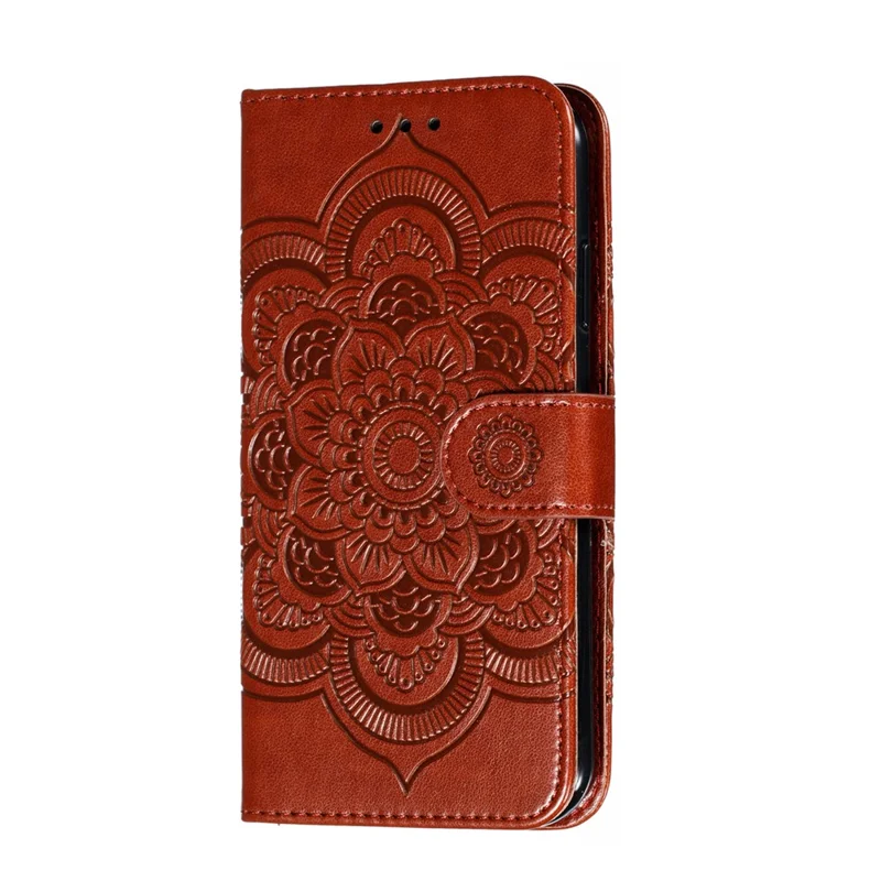 Ingeprest lederen portemonneebehuizing met zonne- en mandalabloemenpatroon voor iPhone 11 6,1 inch (2019) - Bruin