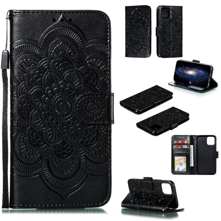 Imprinted Sun Mandala Flower Pattern Leather Wallet Phone Case for iPhone 11 Pro 5.8 inch (2019) - Black