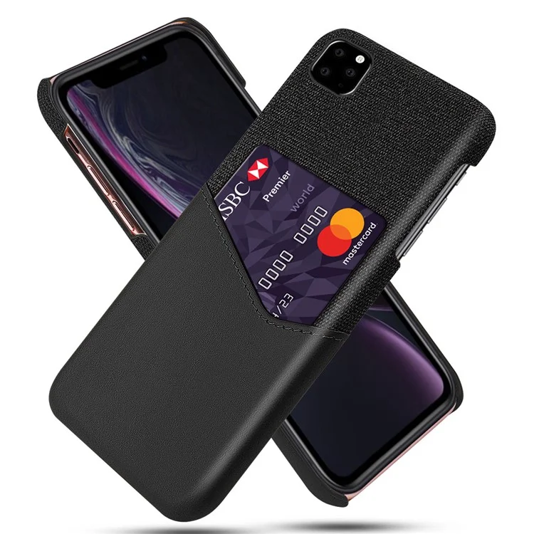 KSQ Card Pocket Holder Phone Case for iPhone 11 6.1 inch, PC + PU + Cloth Hybrid Back Cover - Black