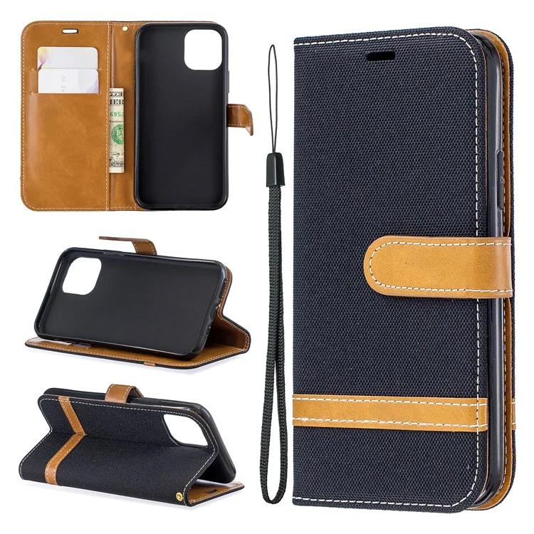 Verschiedene Farbjeans -stoff Leder Brieftasche Für Iphone 11 Pro 5,8 Zoll (2019) - Schwarz