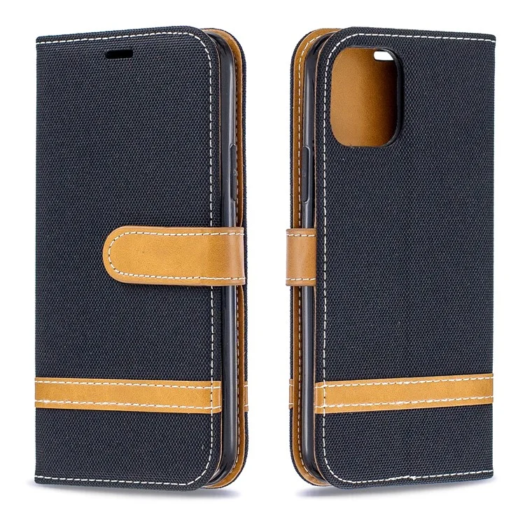 Verschiedene Farbjeans -stoff Leder Brieftasche Für Iphone 11 Pro 5,8 Zoll (2019) - Schwarz