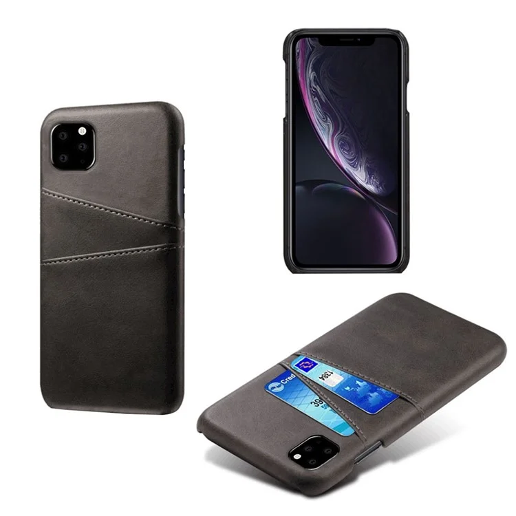 KSQ Double Card Slots Case for iPhone 11 6.1 inch, PU Leather Coated PC Slim Fit Protective Phone Cover - Black