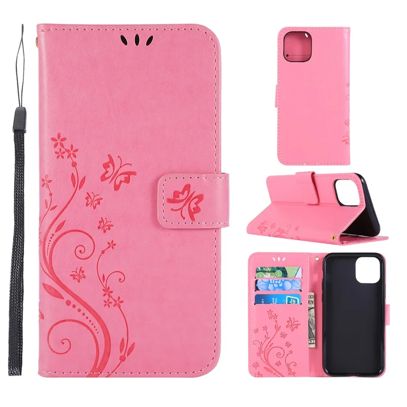 Imprint Butterfly Leather Wallet Phone Case Shell for iPhone 11 6.1 inch (2019) - Rose