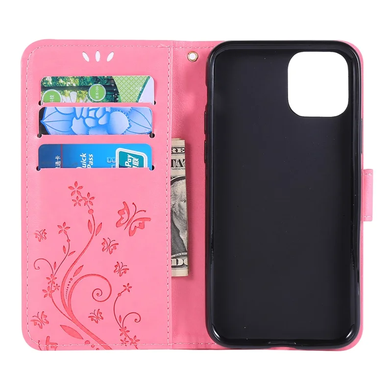 Imprint Butterfly Leather Wallet Phone Case Shell for iPhone 11 6.1 inch (2019) - Rose