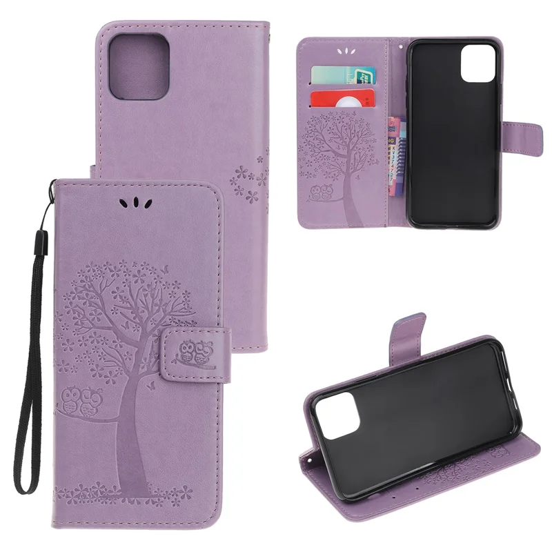 Imprint Tree Owl Leather Wallet Case for iPhone 11 Pro 5.8 inch (2019) - Light Purple