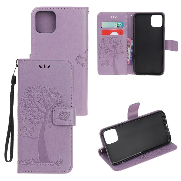 Imprint Tree Owl Leather Wallet Case for iPhone 11 6.1 inch (2019) - Light Purple