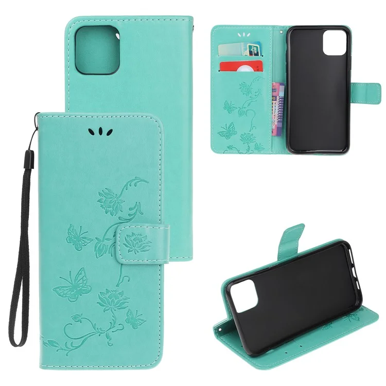 Imprint Butterfly Flowers Leather Wallet Phone Case for iPhone 11 6.1 inch (2019) - Cyan