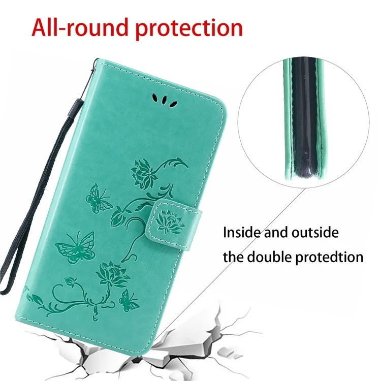 Impressão Flores de Borboleta Caixa de Telefone da Carteira de Couro Para Iphone 11 6,1 Polegadas (2019) - Ciano