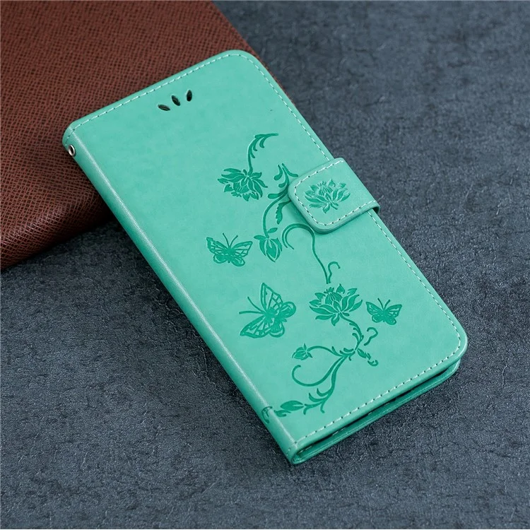 Imprint Butterfly Flowers Leather Wallet Phone Case for iPhone 11 6.1 inch (2019) - Cyan