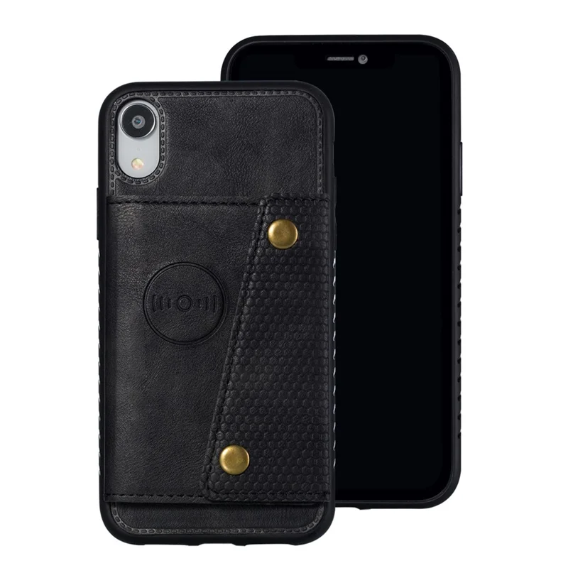 Kickstand Card Holder PU Leather Coated TPU Case [Built-in Vehicle Magnetic Sheet] for iPhone XR 6.1 inch - Black