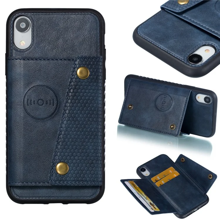 Soporte de tarjeta de caballete Funda de TPU revestida de piel de PU [Hoja magnética de vehículo incorporada] para iPhone XR 6.1 pulgadas - Azul 