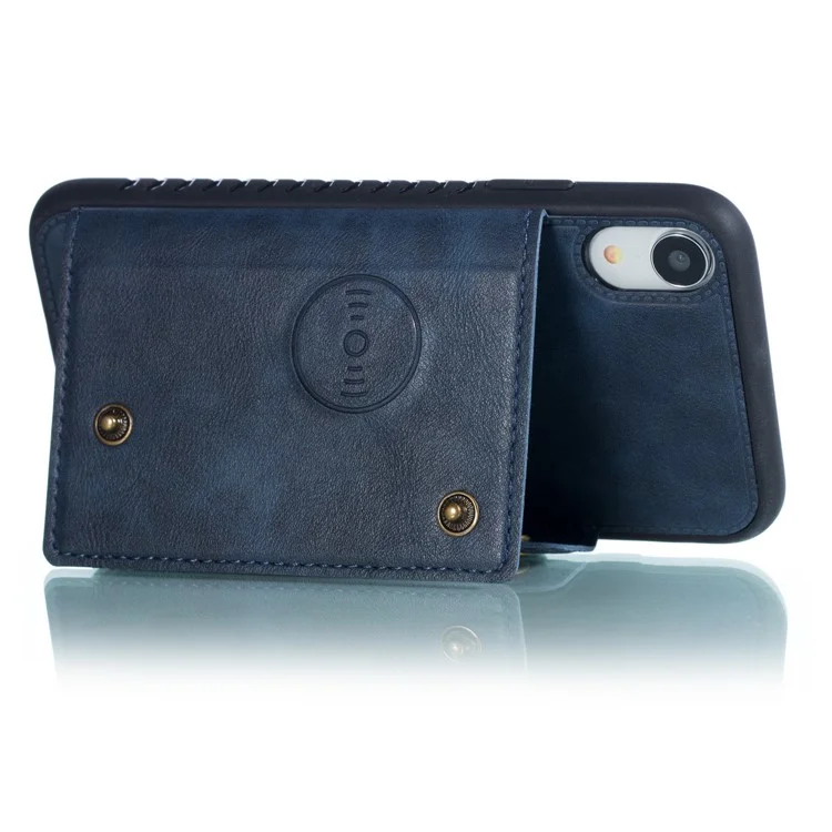 Soporte de tarjeta de caballete Funda de TPU revestida de piel de PU [Hoja magnética de vehículo incorporada] para iPhone XR 6.1 pulgadas - Azul 