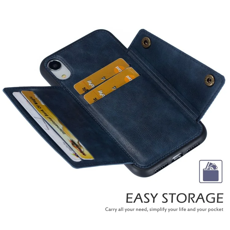 Soporte de tarjeta de caballete Funda de TPU revestida de piel de PU [Hoja magnética de vehículo incorporada] para iPhone XR 6.1 pulgadas - Azul 