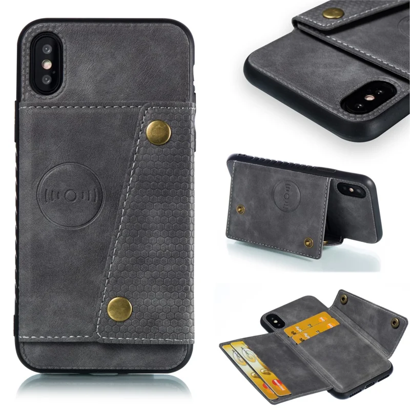 Kickstand Card Holder PU Leather Coated TPU Phone Shell Casing for iPhone X / XS 5.8 inch - Grey