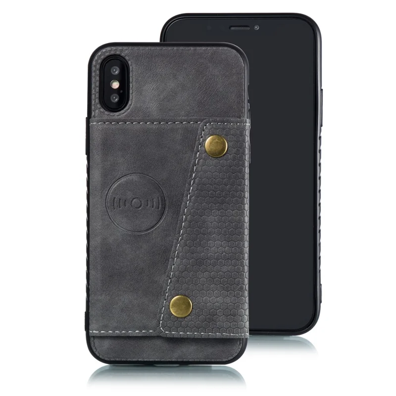 Kickstand Card Holder PU Leather Coated TPU Phone Shell Casing for iPhone X / XS 5.8 inch - Grey