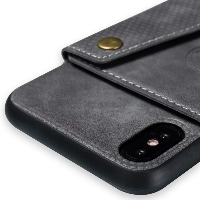 Kickstand Card Holder PU Leather Coated TPU Phone Shell Casing for iPhone X / XS 5.8 inch - Grey
