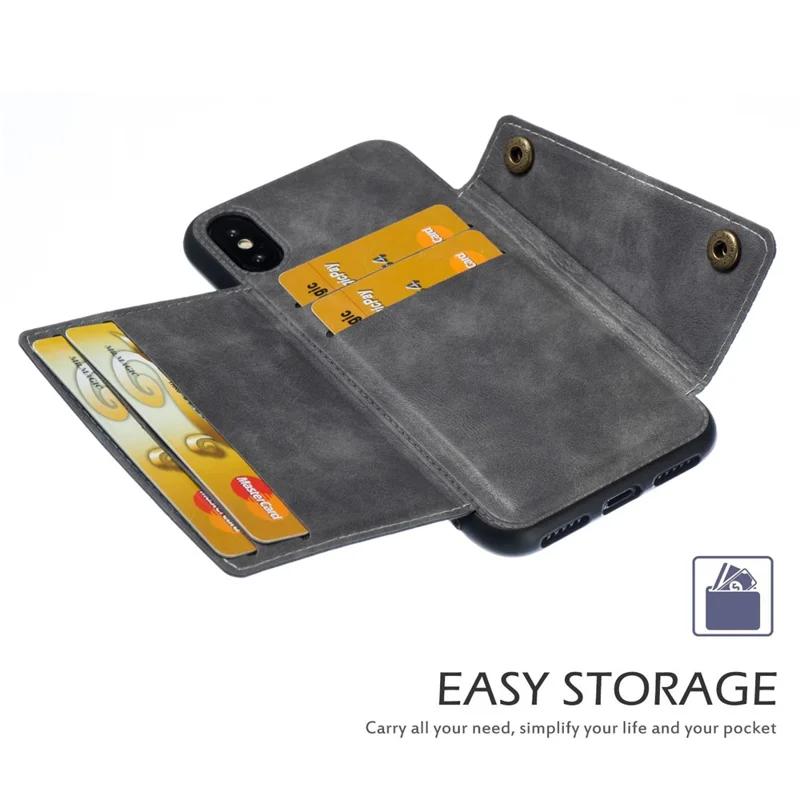 Kickstand Card Holder PU Leather Coated TPU Phone Shell Casing for iPhone X / XS 5.8 inch - Grey