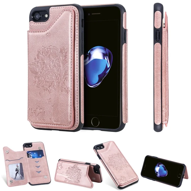 KT Leather Coated Series-1 Imprinted Cat Tree Leather Coated TPU Back Shell with Card Slot for iPhone SE (2020)/SE (2022)/8/7 4.7 inch- Rose Gold