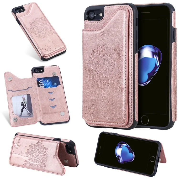 KT Leather Coated Series-1 Imprinted Cat Tree Leather Coated TPU Back Shell with Card Slot for iPhone SE (2020)/SE (2022)/8/7 4.7 inch- Rose Gold