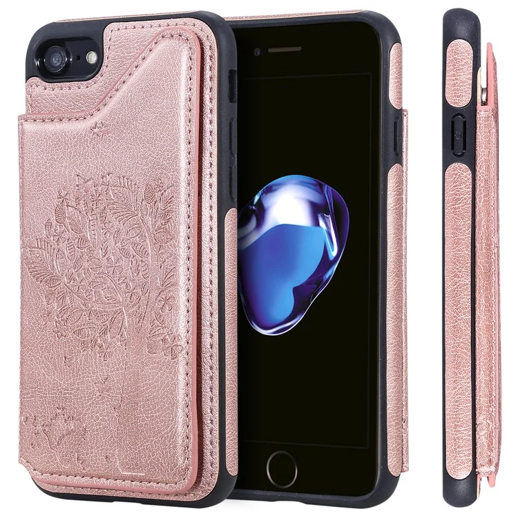 KT Leather Coated Series-1 Imprinted Cat Tree Leather Coated TPU Back Shell with Card Slot for iPhone SE (2020)/SE (2022)/8/7 4.7 inch- Rose Gold