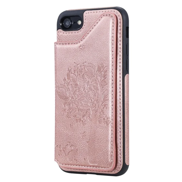 KT Leather Coated Series-1 Imprinted Cat Tree Leather Coated TPU Back Shell with Card Slot for iPhone SE (2020)/SE (2022)/8/7 4.7 inch- Rose Gold
