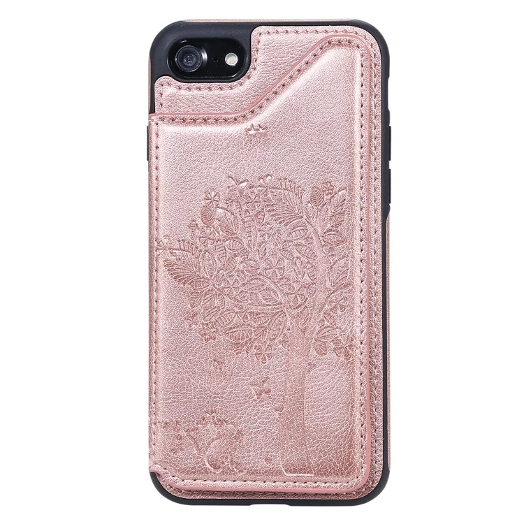 KT Leather Coated Series-1 Imprinted Cat Tree Leather Coated TPU Back Shell with Card Slot for iPhone SE (2020)/SE (2022)/8/7 4.7 inch- Rose Gold