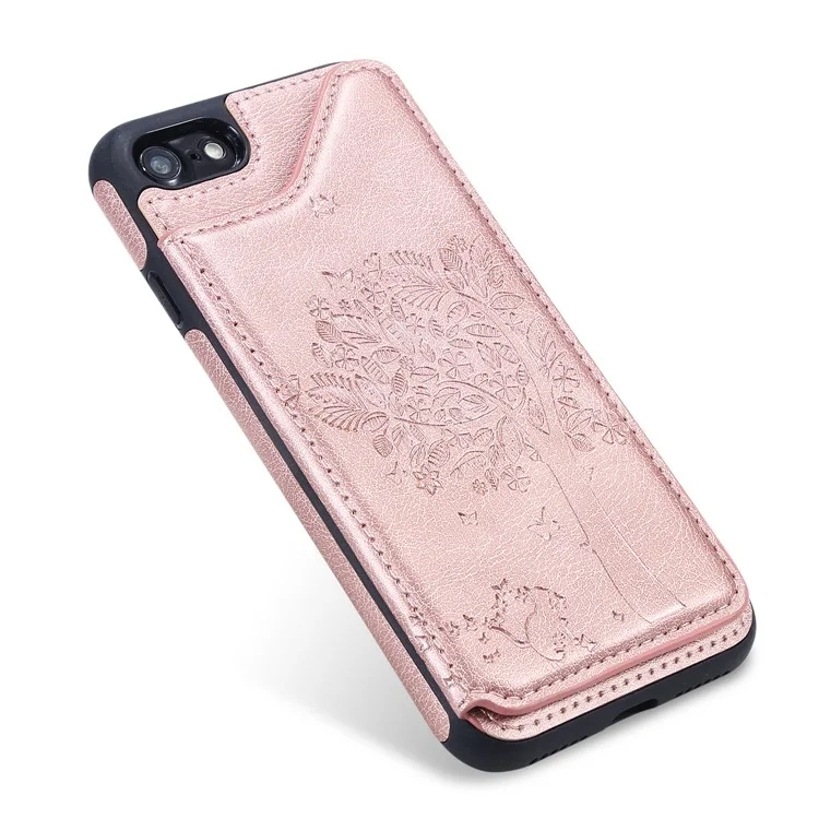 KT Leather Coated Series-1 Imprinted Cat Tree Leather Coated TPU Back Shell with Card Slot for iPhone SE (2020)/SE (2022)/8/7 4.7 inch- Rose Gold