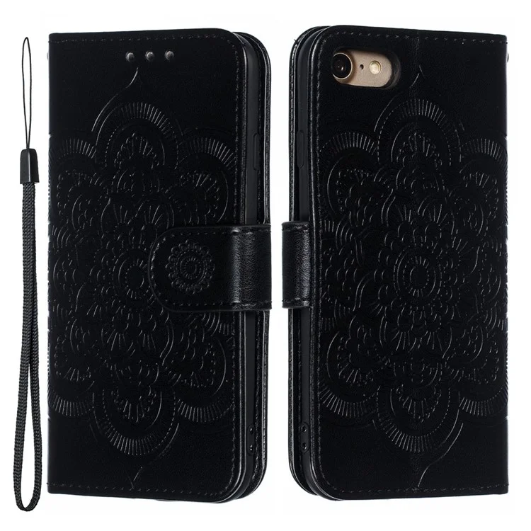 Imprint Mandala Flower Wallet Stand PU Leather Case for iPhone SE (2020)/SE (2022)/8/7 4.7 inch - Black