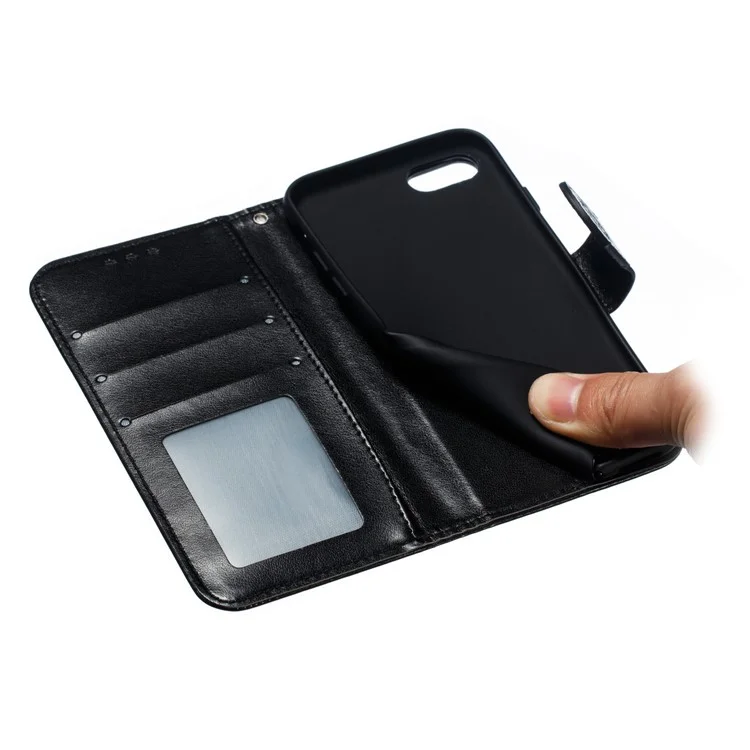 Imprint Mandala Flower Wallet Stand PU Leder Hülle für iPhone SE (2020)/SE (2022)/8/7 4,7 Zoll - Schwarz