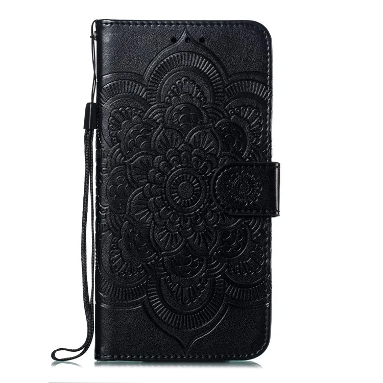 Imprint Mandala Flower Wallet Stand PU Leather Case for iPhone SE (2020)/SE (2022)/8/7 4.7 inch - Black