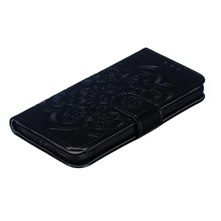 Imprint Mandala Flower Wallet Stand PU Leder Hülle für iPhone SE (2020)/SE (2022)/8/7 4,7 Zoll - Schwarz