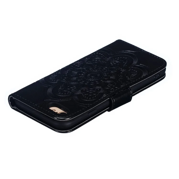 Imprint Mandala Flower Wallet Stand PU Leder Hülle für iPhone SE (2020)/SE (2022)/8/7 4,7 Zoll - Schwarz