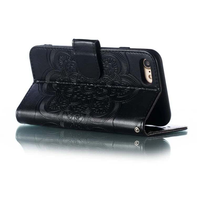 Imprint Mandala Flower Wallet Stand PU Leder Hülle für iPhone SE (2020)/SE (2022)/8/7 4,7 Zoll - Schwarz