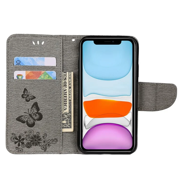 Imprint Butterfly Flower Leather Wallet Case für iPhone 11 6,1 Zoll (2019) mit faltbarem Ständer - Grau