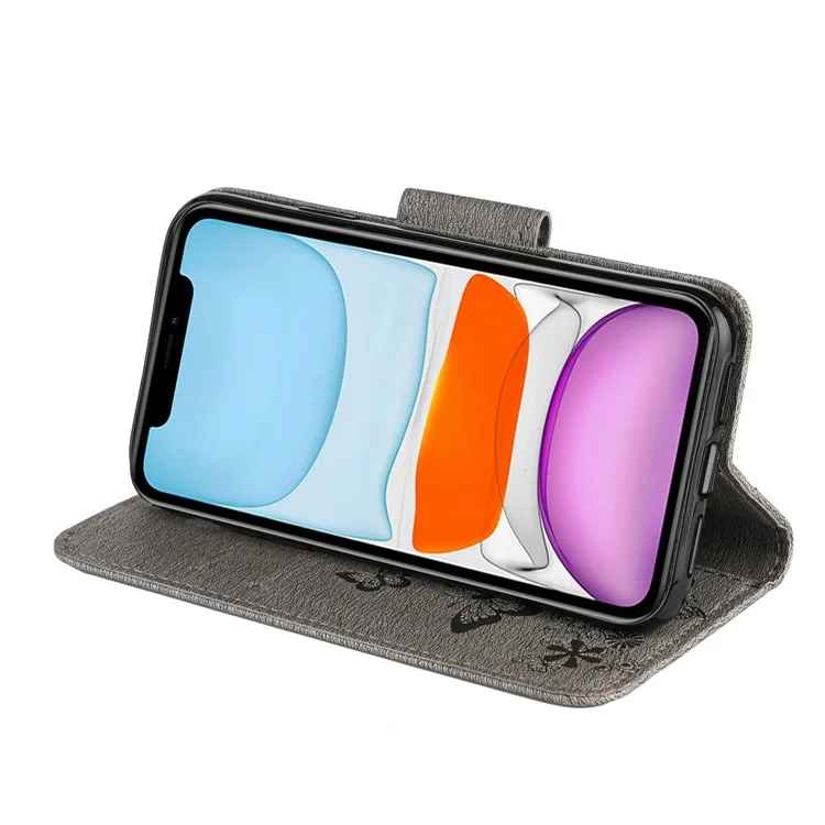 Imprint Butterfly Flower Leather Wallet Case für iPhone 11 6,1 Zoll (2019) mit faltbarem Ständer - Grau