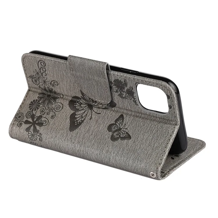 Imprint Butterfly Flower Leather Wallet Case für iPhone 11 6,1 Zoll (2019) mit faltbarem Ständer - Grau