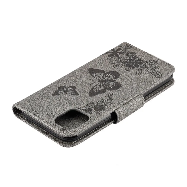Imprint Butterfly Flower Leather Wallet Case für iPhone 11 6,1 Zoll (2019) mit faltbarem Ständer - Grau