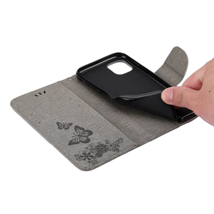 Imprint Butterfly Flower Leather Wallet Case für iPhone 11 6,1 Zoll (2019) mit faltbarem Ständer - Grau
