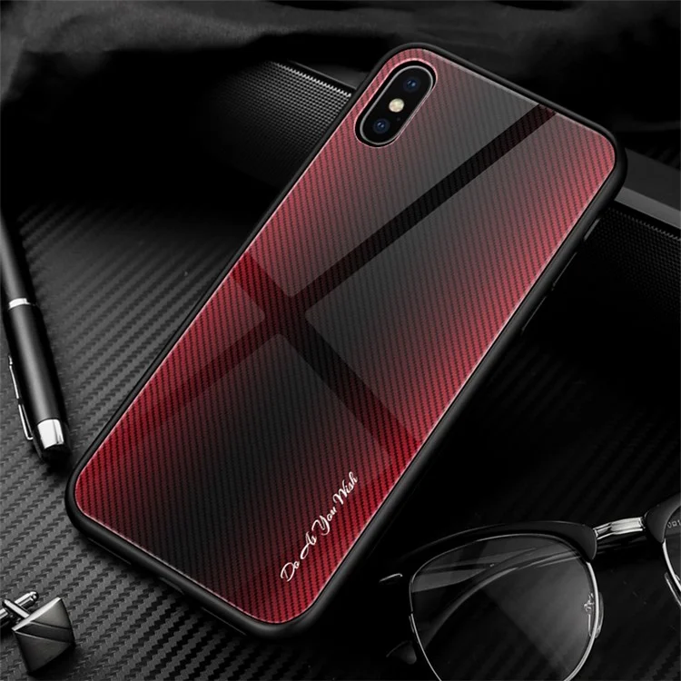 Texture Gradient Tempered Glass Back + Soft TPU Edge Phone Casing for iPhone XS/X 5.8 inch - Red/Black
