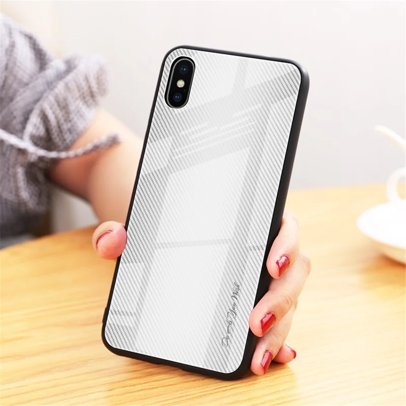 Texture Gradient Tempered Glass Back + Soft TPU Edge Phone Casing for iPhone XS/X 5.8 inch - Light Grey/White