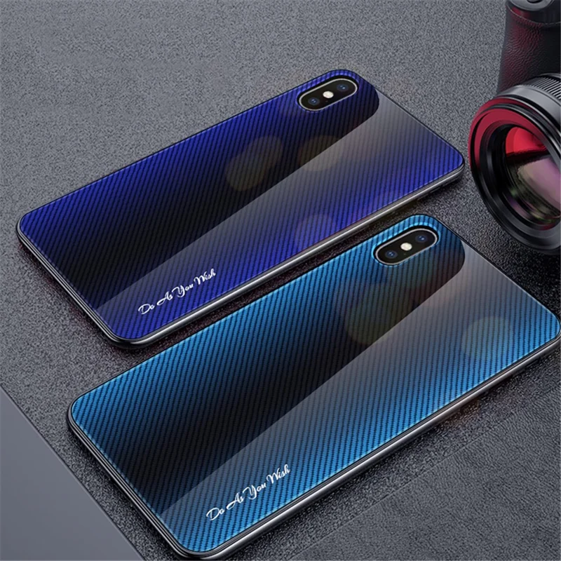 Texture Gradient Tempered Glass Back + Soft TPU Edge Phone Casing for iPhone XS/X 5.8 inch - Blue/Black