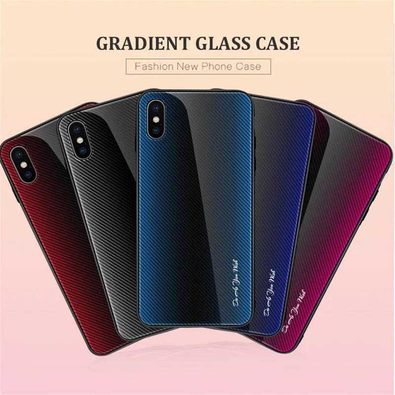 Texture Gradient Tempered Glass Back + Soft TPU Edge Phone Casing for iPhone XS/X 5.8 inch - Blue/Black