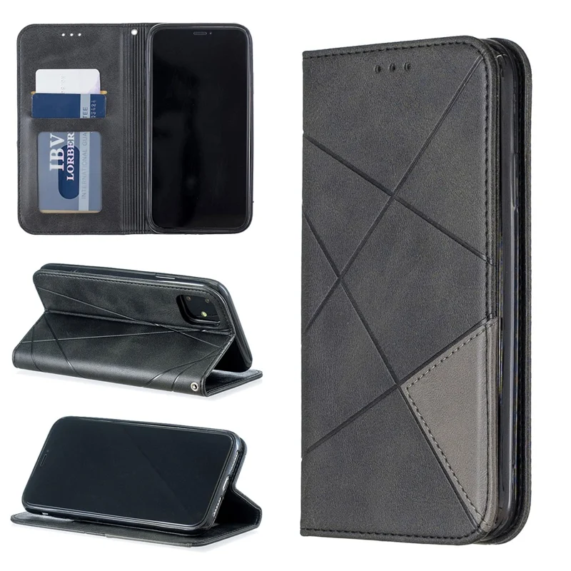Geometric Pattern Leather Protective Phone Case with Card Slots for iPhone 11 6.1 inch (2019) - Black