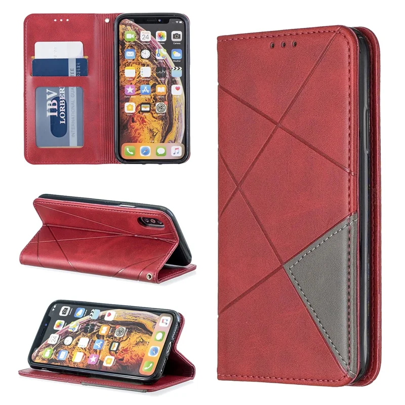 Geometric Pattern Leather Card Holder Phone Case with Stand for iPhone X / XS 5.8 inch - Red